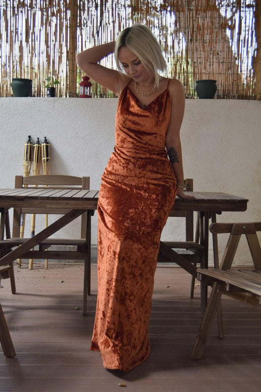 Rust Burnt Orange Crushed Velvet Prom Dress Cowl Neck Line Wedding Party Maid Of Honor Dress