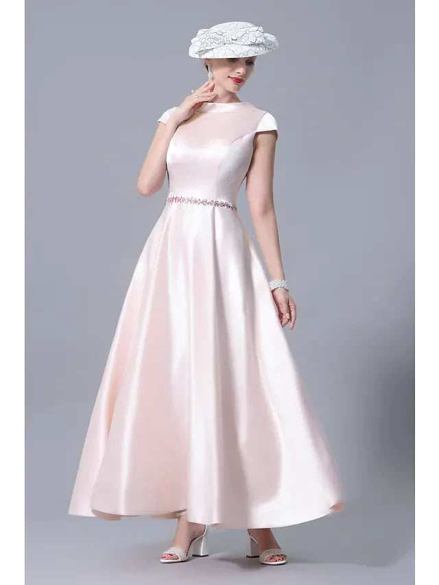 A-Line Mother of the Bride Dress Plus Size Cowl Neck Ankle Length Satin Short Sleeve with Crystals