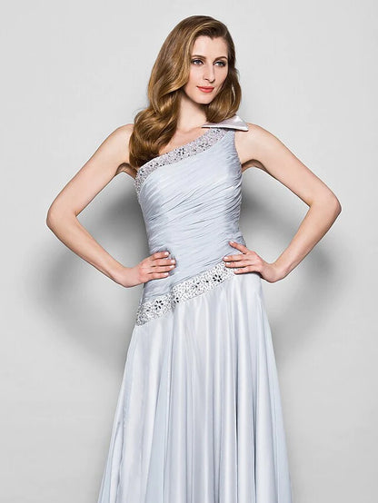 A-Line Mother of the Bride Dress Elegant One Shoulder Floor Length Chiffon Sleeveless with Bow(s) Crystals Beading