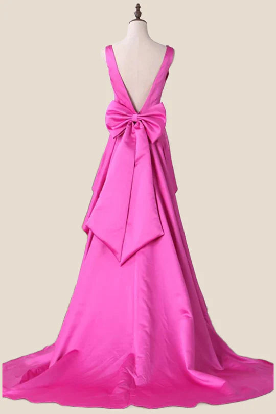 V Neck Fuchsia Satin A-line Long Prom Dress