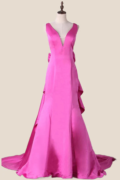 V Neck Fuchsia Satin A-line Long Prom Dress