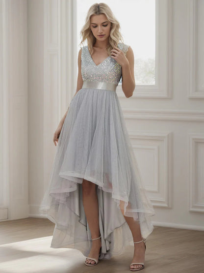 DingjiSleeveless Sequin Ribbon Waist Tulle High Low Evening Dress