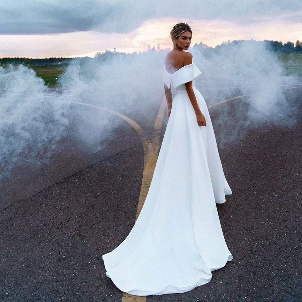 Simple Off the Shoulder Satin Sheath Ruched Wedding Dress With Detacha