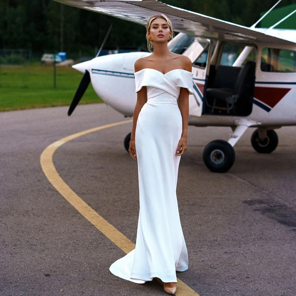 Classy White Satin Sheath Birthday Dress Off The Shoulder Short Wedding Dress