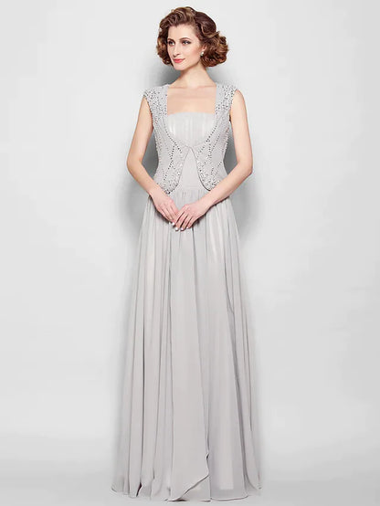 A-Line Mother of the Bride Dress Vintage Inspired Square Neck Floor Length Chiffon Sleeveless with Beading Draping