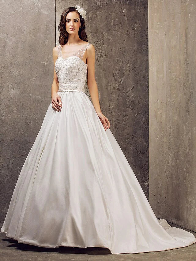 DingjiPrincess A-Line Wedding Dresses V Neck Lace Taffeta Sleeveless