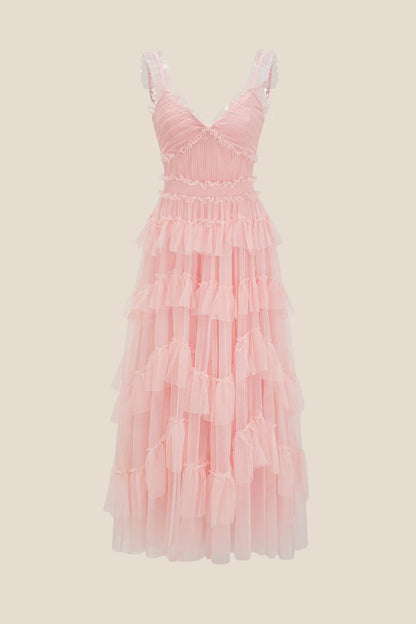 V-neck Pink Ruffle Tiered A-line Long Prom Dress