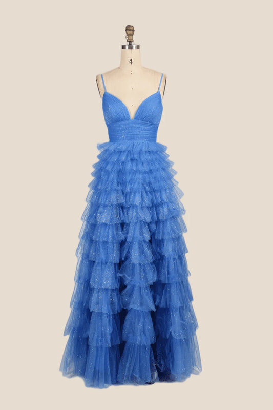 V-neck Blue Ruffles Tiered Long Prom Dress with Slit