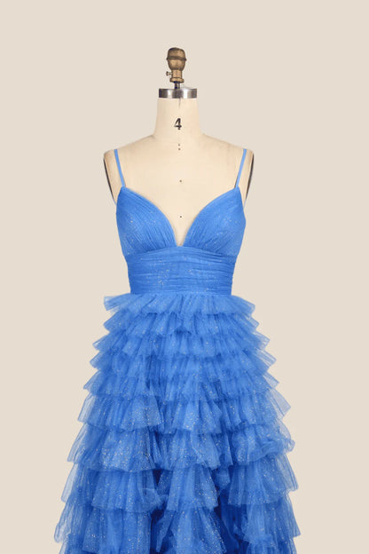 V-neck Blue Ruffles Tiered Long Prom Dress with Slit