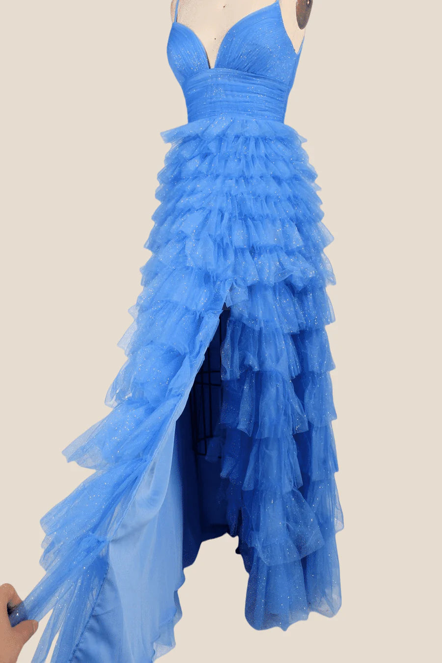 V-neck Blue Ruffles Tiered Long Prom Dress with Slit