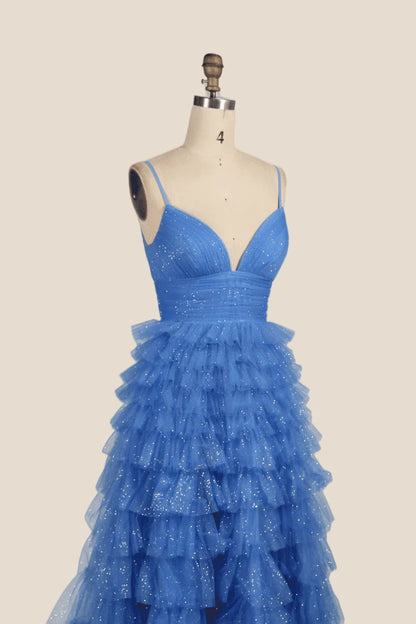 V-neck Blue Ruffles Tiered Long Prom Dress with Slit