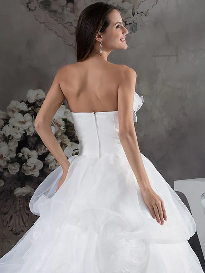 A-Line Wedding Dresses Strapless Chapel Train Organza Satin Strapless with Pick Up Skirt