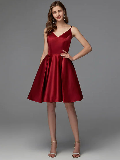 A-Line Hot Homecoming Cocktail Party Valentine's Day Dress V Neck Sleeveless Short Mini Satin with Pleats