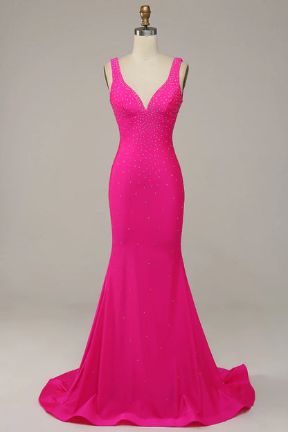 Fuchsia Mermaid V-Neck Beaded Prom Dress