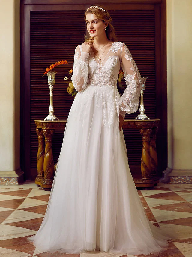 A-Line Wedding Dresses V Neck Lace Tulle Long Sleeve See-Through with Appliques