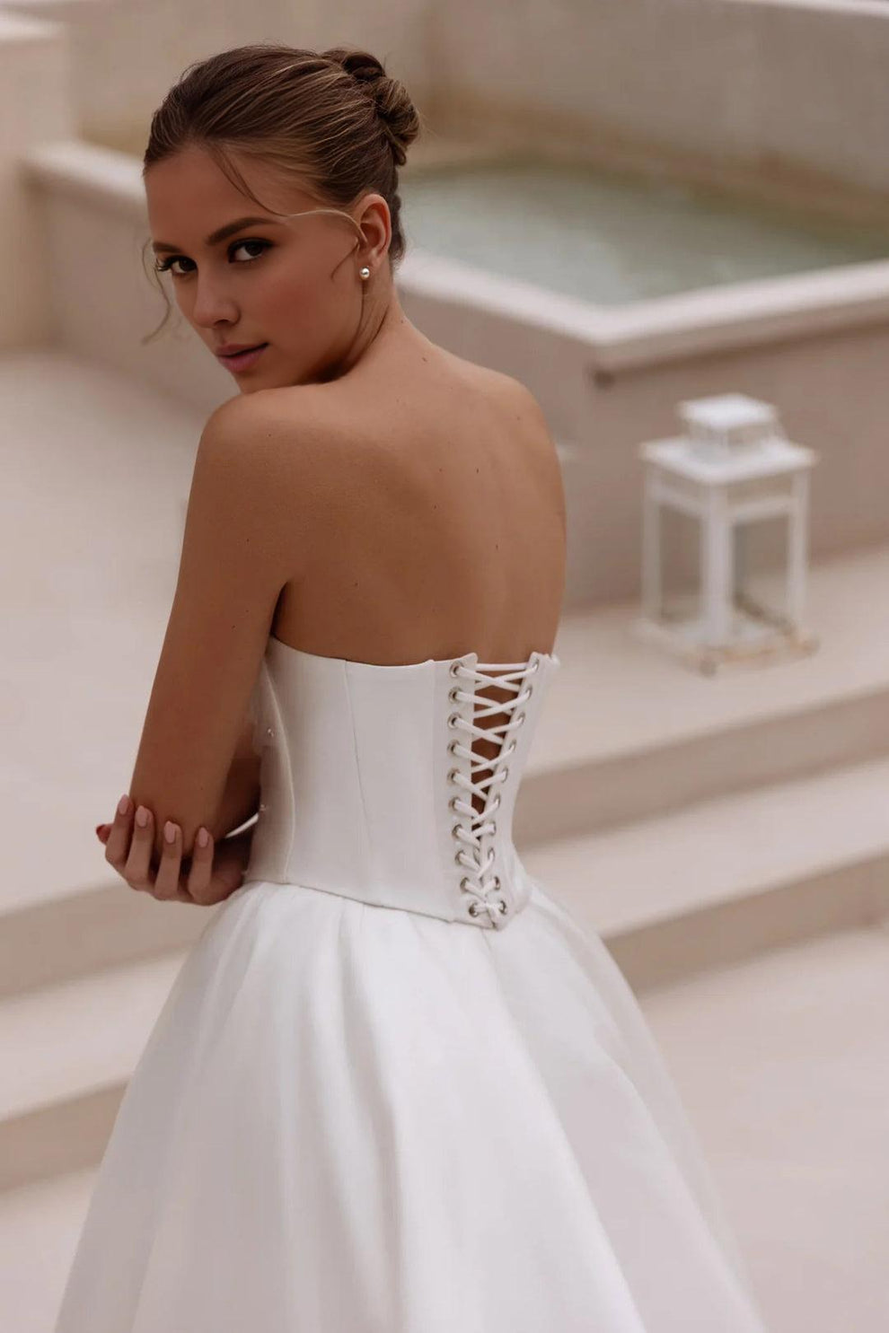 Strapless Ball-Gown Wedding Dress Short Sleeves Satin Court Train Split Front
