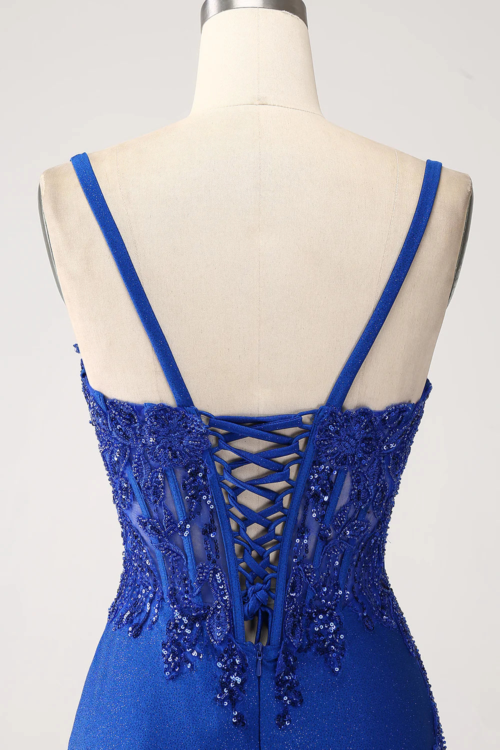 Glitter Royal Blue Mermaid Spaghetti Straps Long Prom Dress with Appli ...