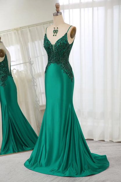 Mermaid Satin Prom Dress With Appliques Spaghetti Straps