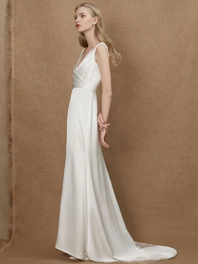 A-Line Wedding Dresses V Neck Charmeuse Sleeveless Simple Vintage with Ruched