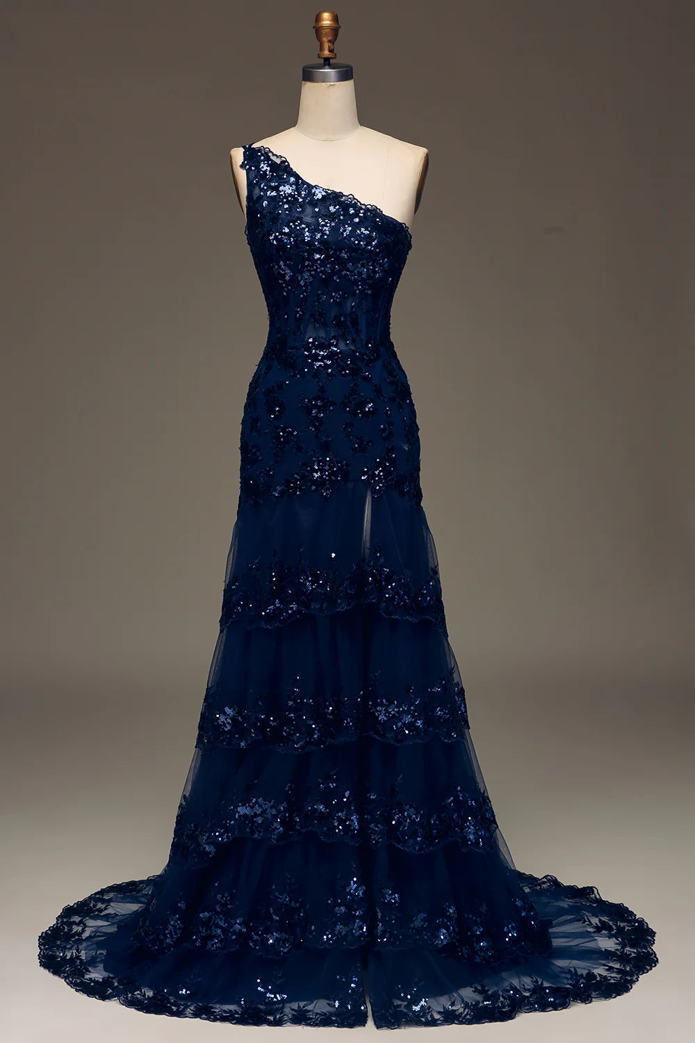 Sparkly Dark Navy Tiered Lace One Shoulder Long Prom Dress with Slit