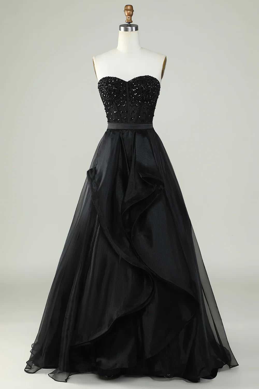 Black Shiny Sweetheart Strapless A-Line Long Party Dress Evening Gown,DP1861