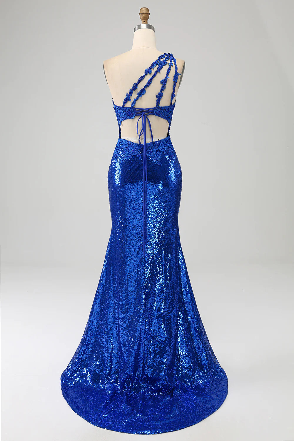 Gorgeous One Shoulder Blue Mermaid Prom Dress With Beaded Detail