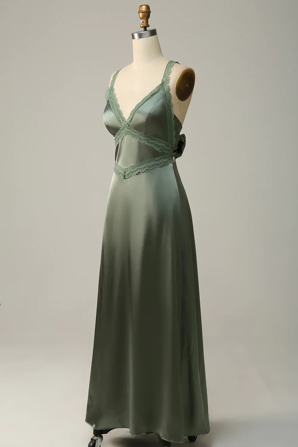 Beautiful V-Neck Open Back Dusty Green Bridesmaid Dress with Lace