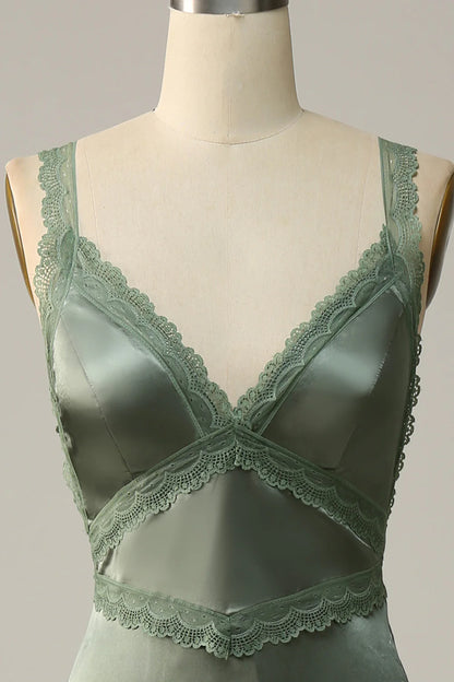 Beautiful V-Neck Open Back Dusty Green Bridesmaid Dress with Lace