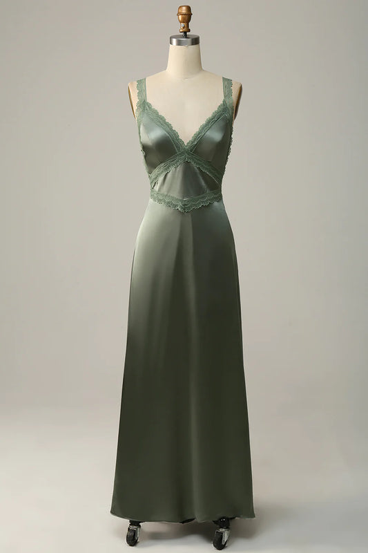 Beautiful V-Neck Open Back Dusty Green Bridesmaid Dress with Lace