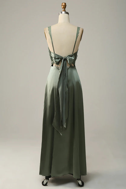 Beautiful V-Neck Open Back Dusty Green Bridesmaid Dress with Lace