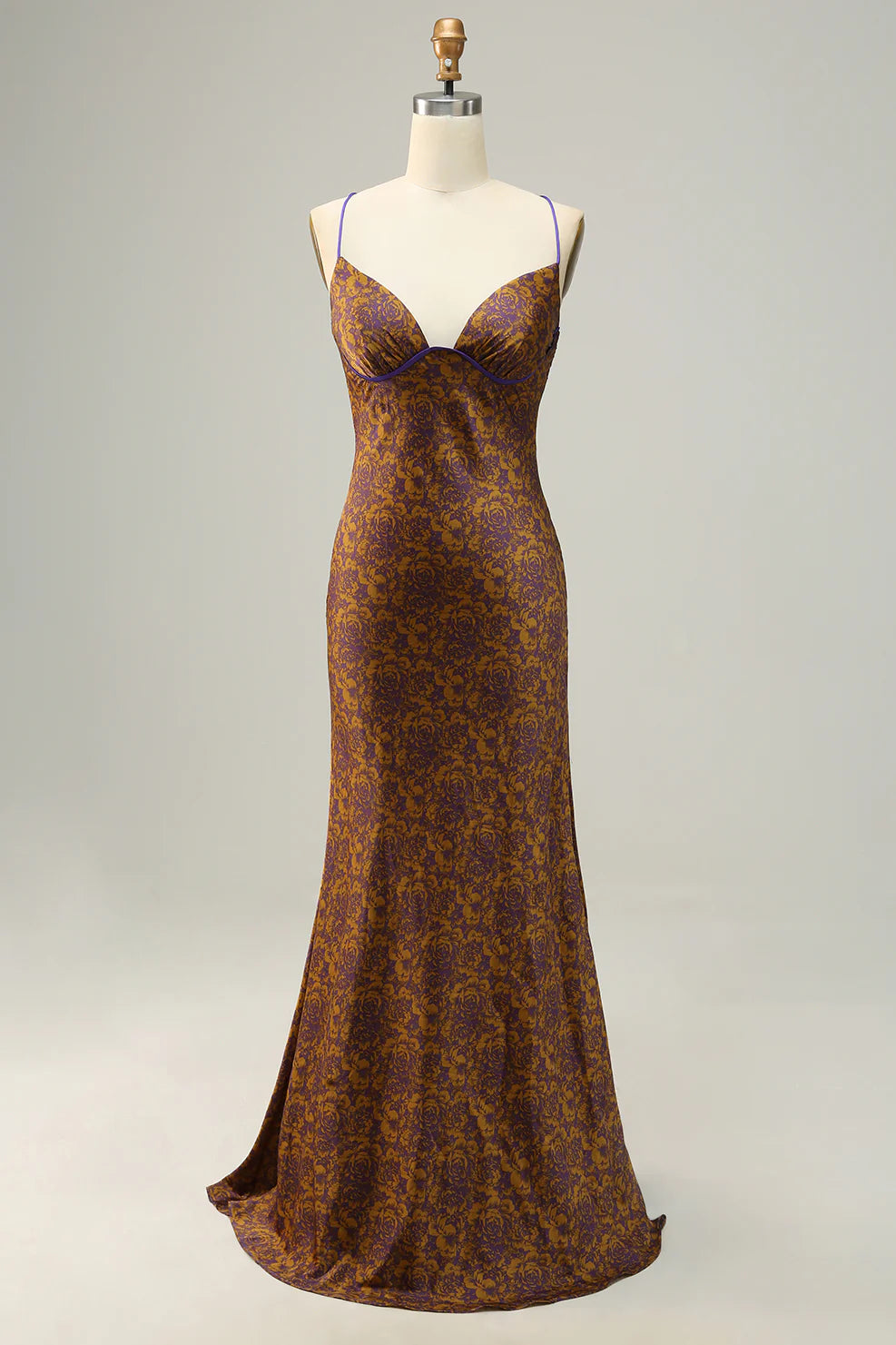 Flower Printed Brown Long Bridesmaid Dress