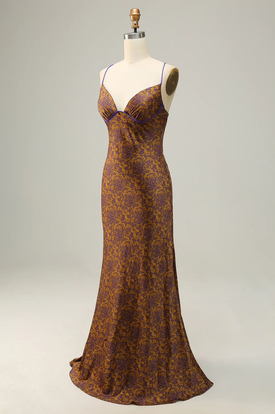 Flower Printed Brown Long Bridesmaid Dress