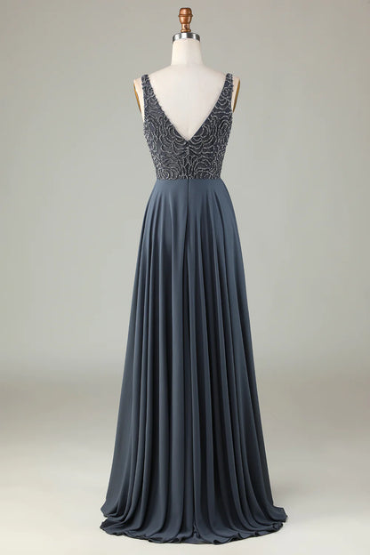 A-Line Beaded Eucalyptus Long Bridesmaid Dress