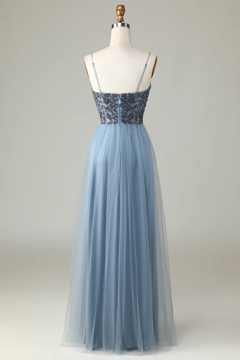 Beaded Spaghetti Straps Dusty Blue Bridesmaid Dress