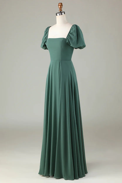 Chiffon Puff Sleeves Eucalyptus Bridesmaid Dress