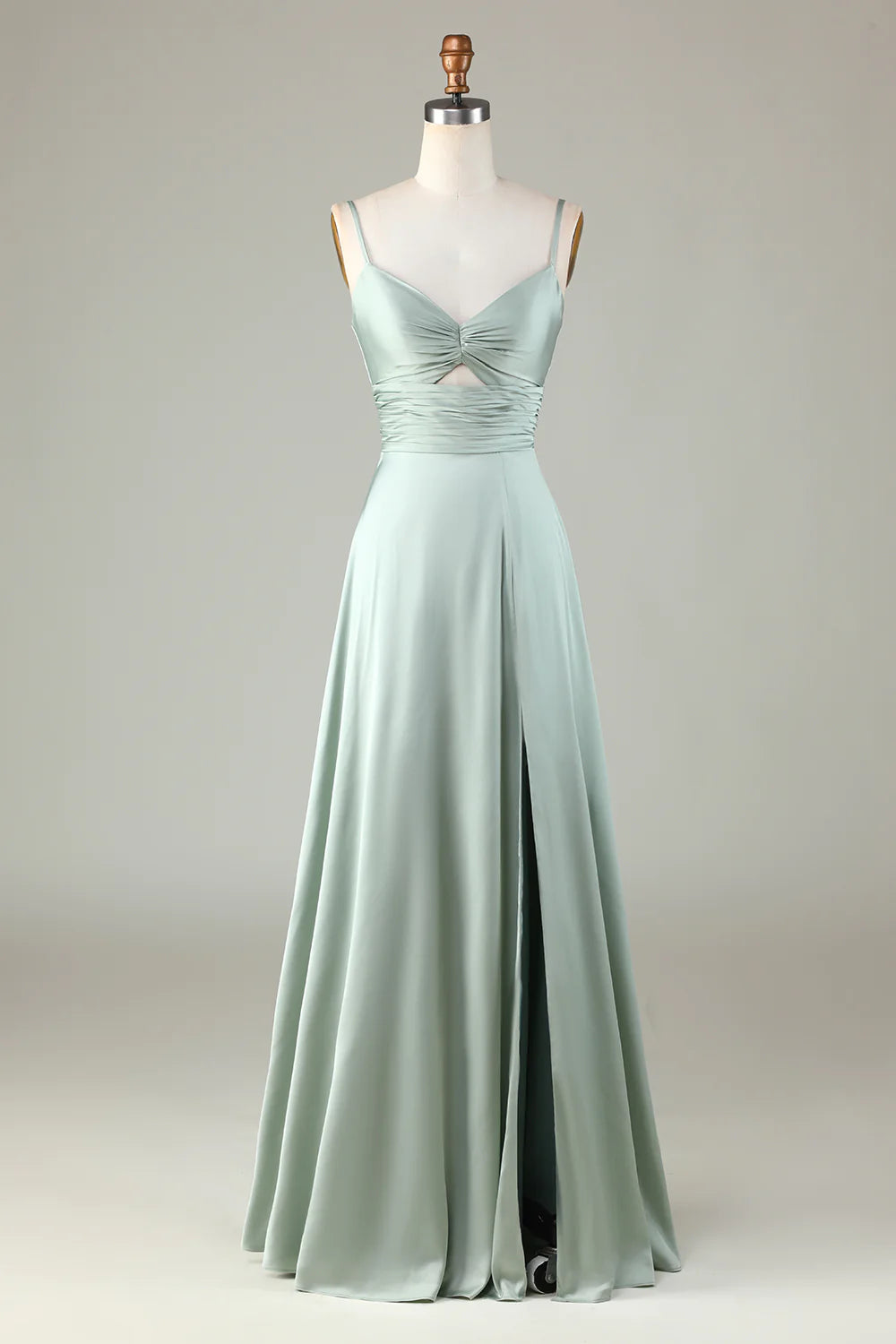 Keyhole Spaghetti Straps Matcha Bridesmaid Dress with Slit