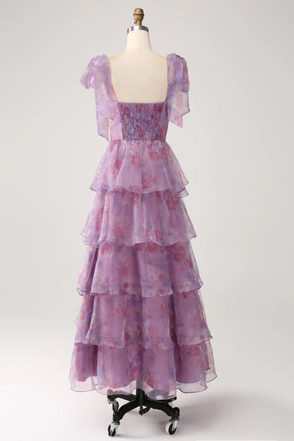 A Line Tiered Purple Printed Tea-Length Long Prom Dress