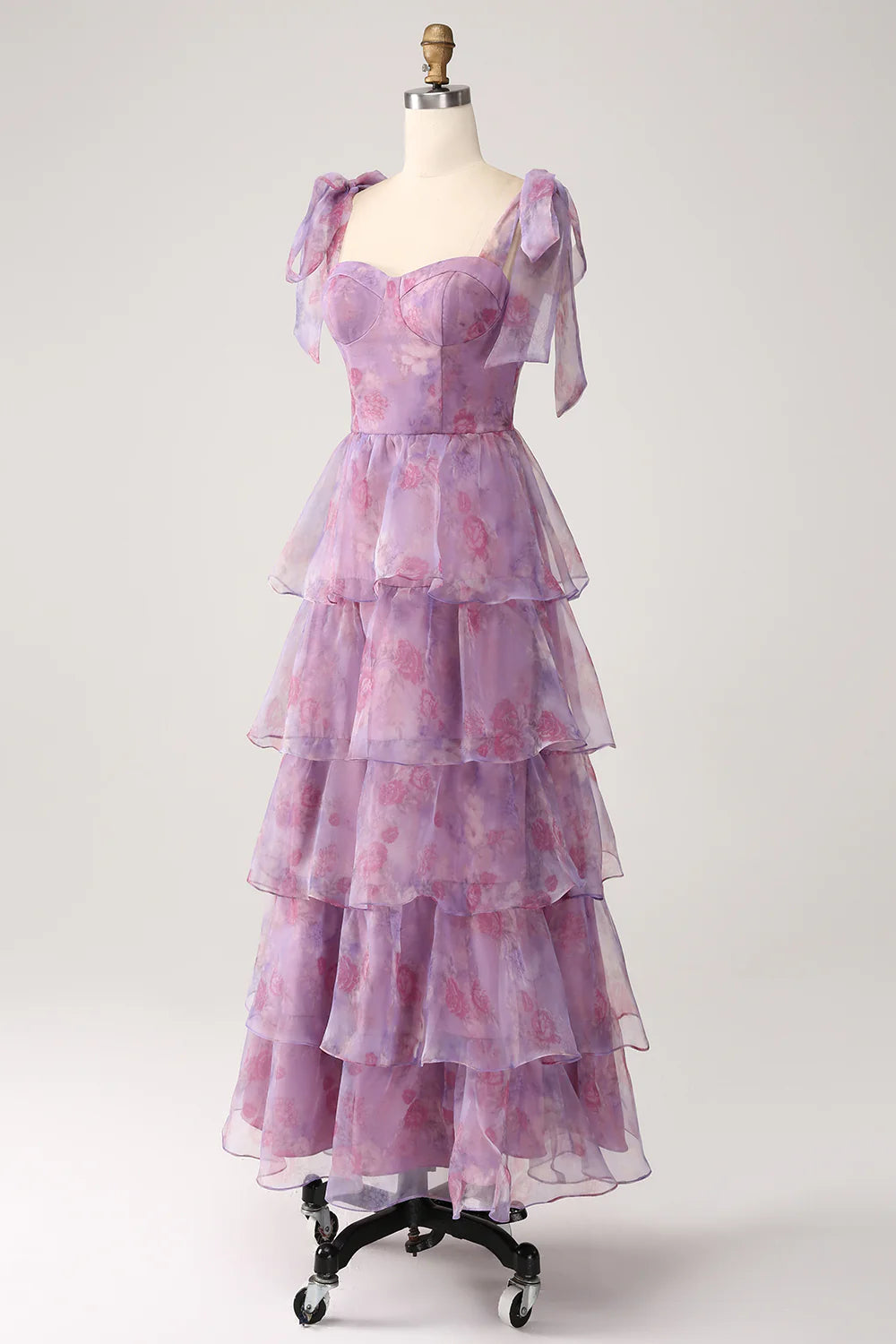 A Line Tiered Purple Printed Tea-Length Long Prom Dress