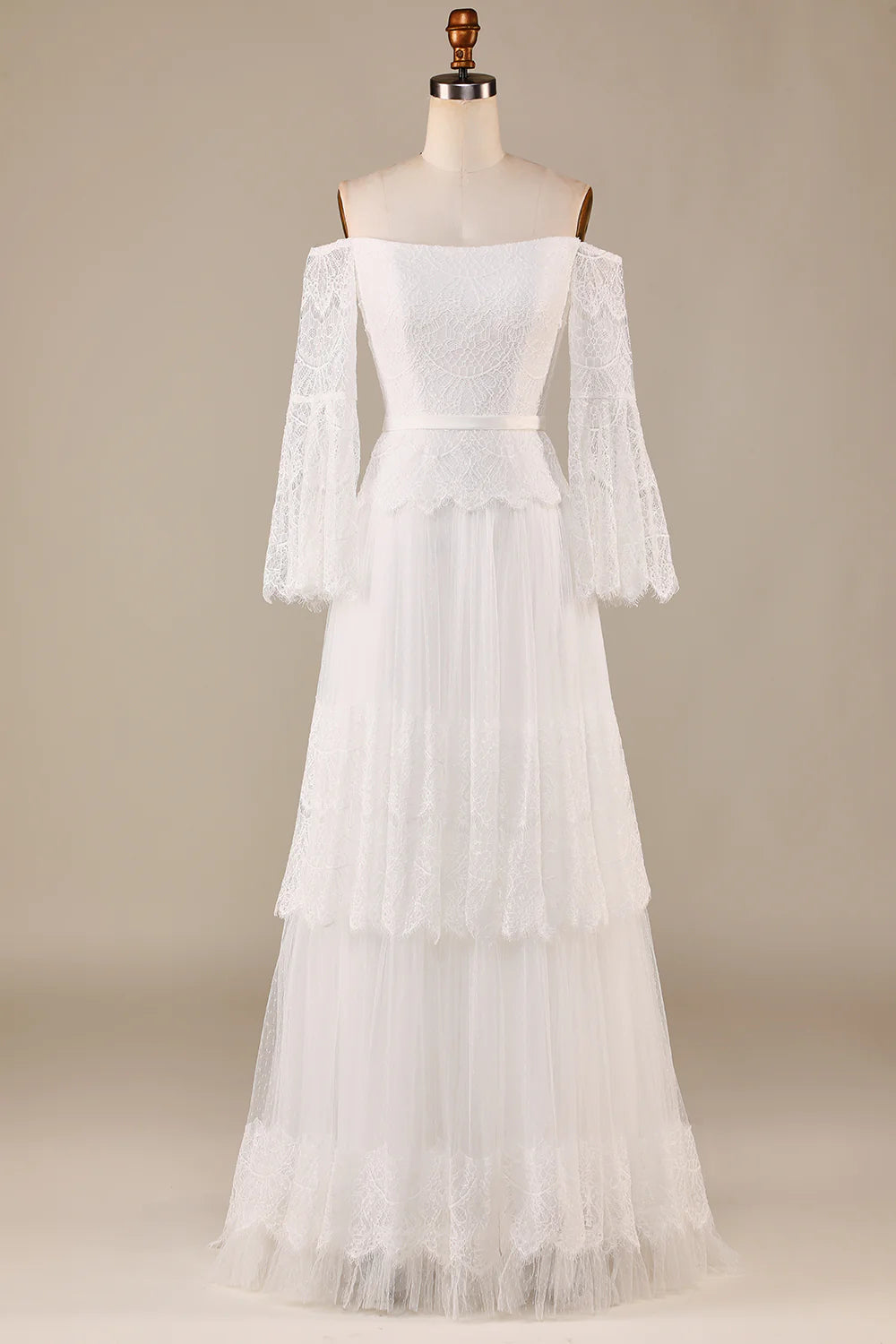 A Line Off the Shoulder Ivory Sweep Train Flare Sleeves Wedding Dress