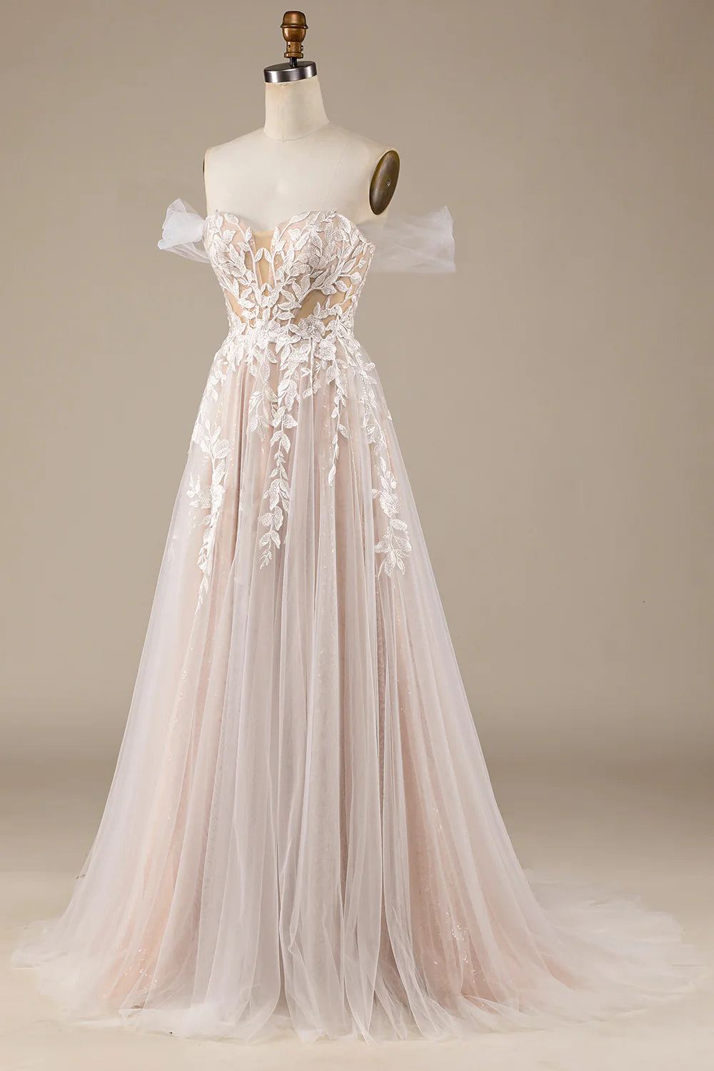 Champagne Tulle Detachable Off the Shoulder Wedding Dress with Lace