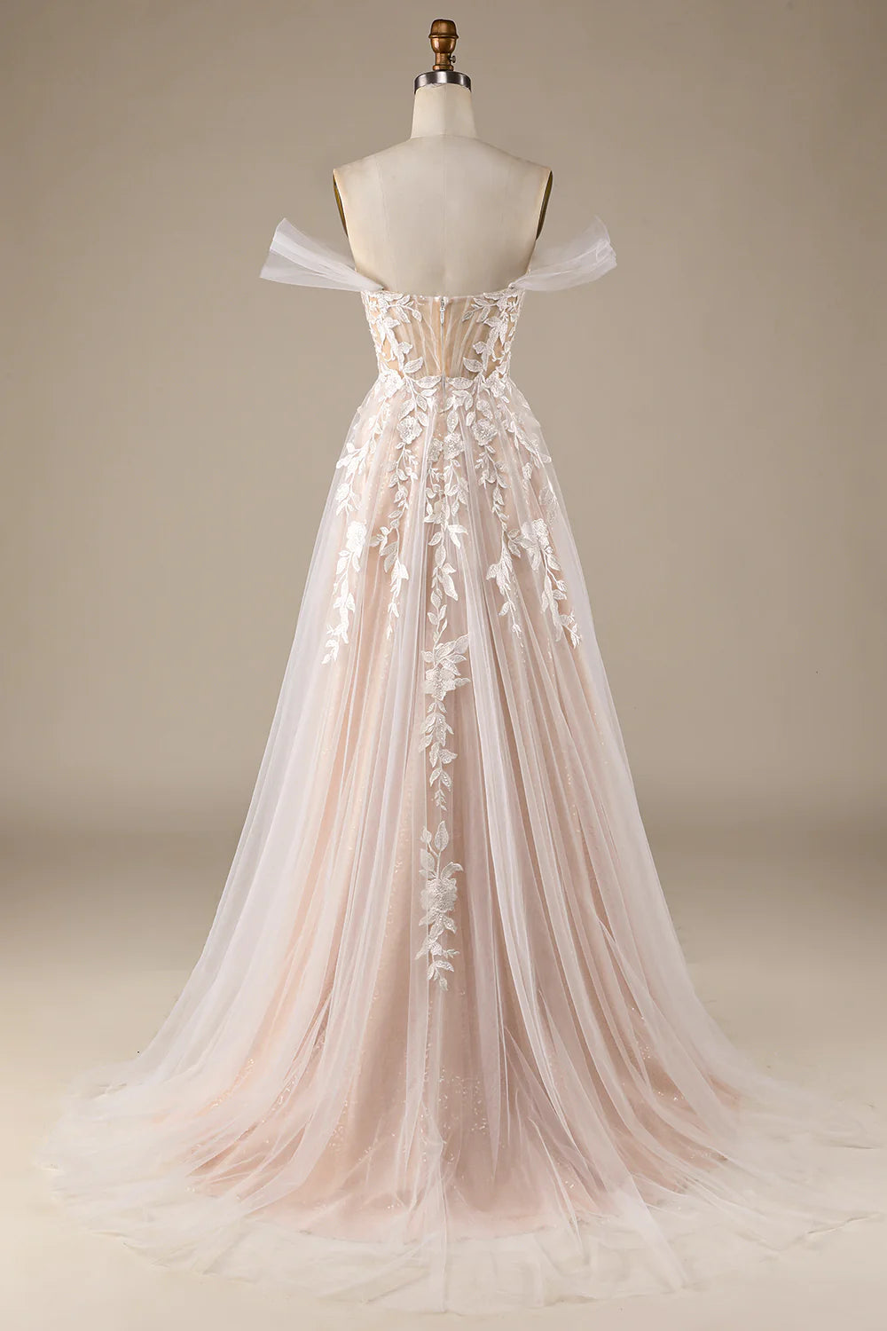 Champagne Tulle Detachable Off the Shoulder Wedding Dress with Lace