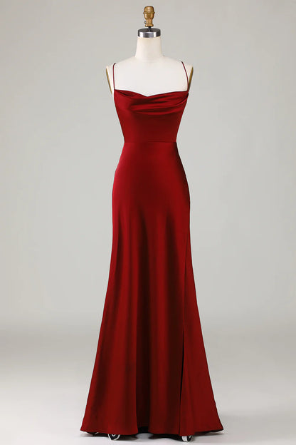 Lace-Up Back Burgundy Long Bridesmaid Dress with Slit