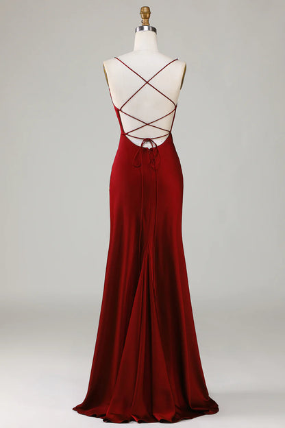 Lace-Up Back Burgundy Long Bridesmaid Dress with Slit