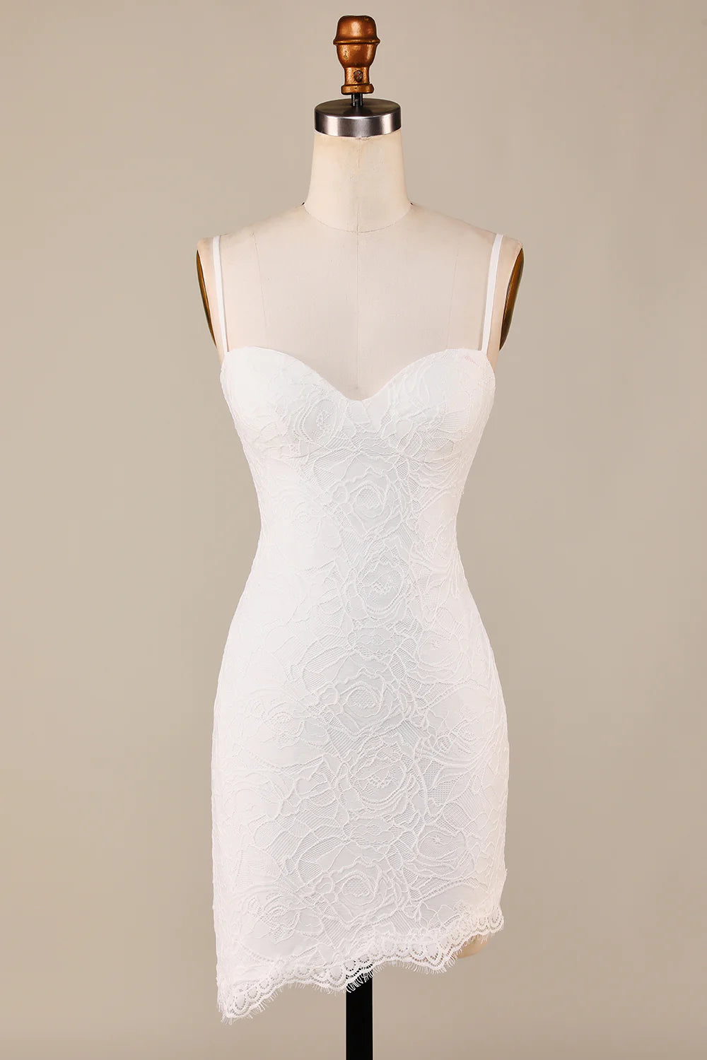 Sheath Spaghetti Straps Ivory Lace Asymmetrical Detachable Train Boho Wedding Dress