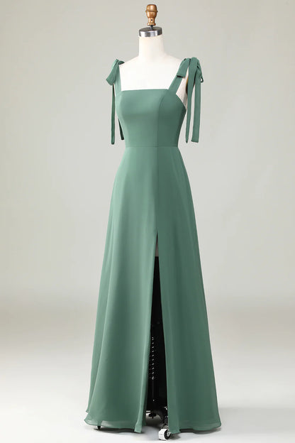 Eucalyptus Tie Straps A Line Bridesmaid Dress With Slit