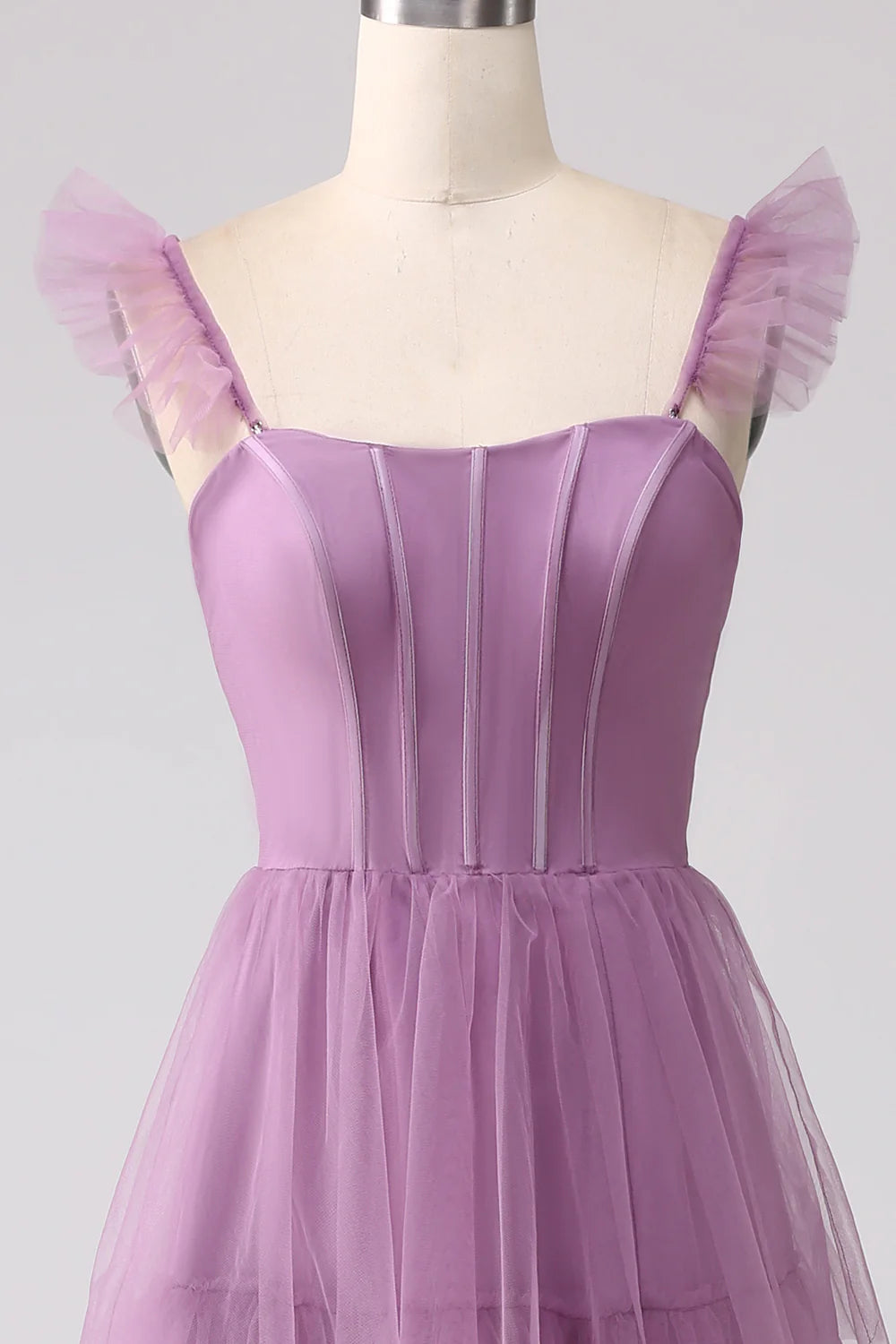 A Line Purple Printed Tiered Tea-Length Long Ball Dress