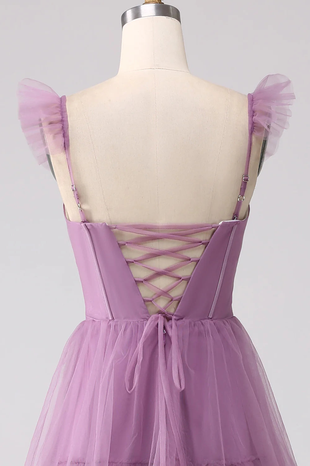 A Line Tiered Purple Printed Tea-Length Long Ball Dress