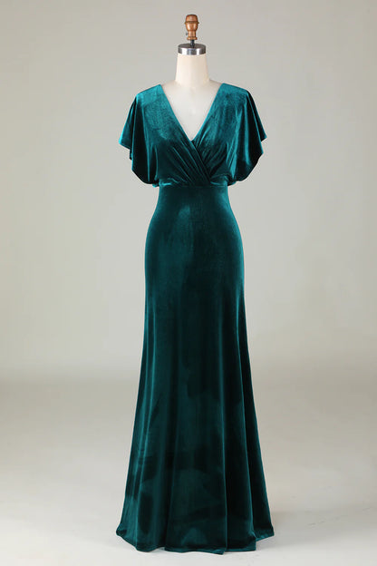 Velvet V-Neck Peacock Bridesmaid Dress with Ruffles