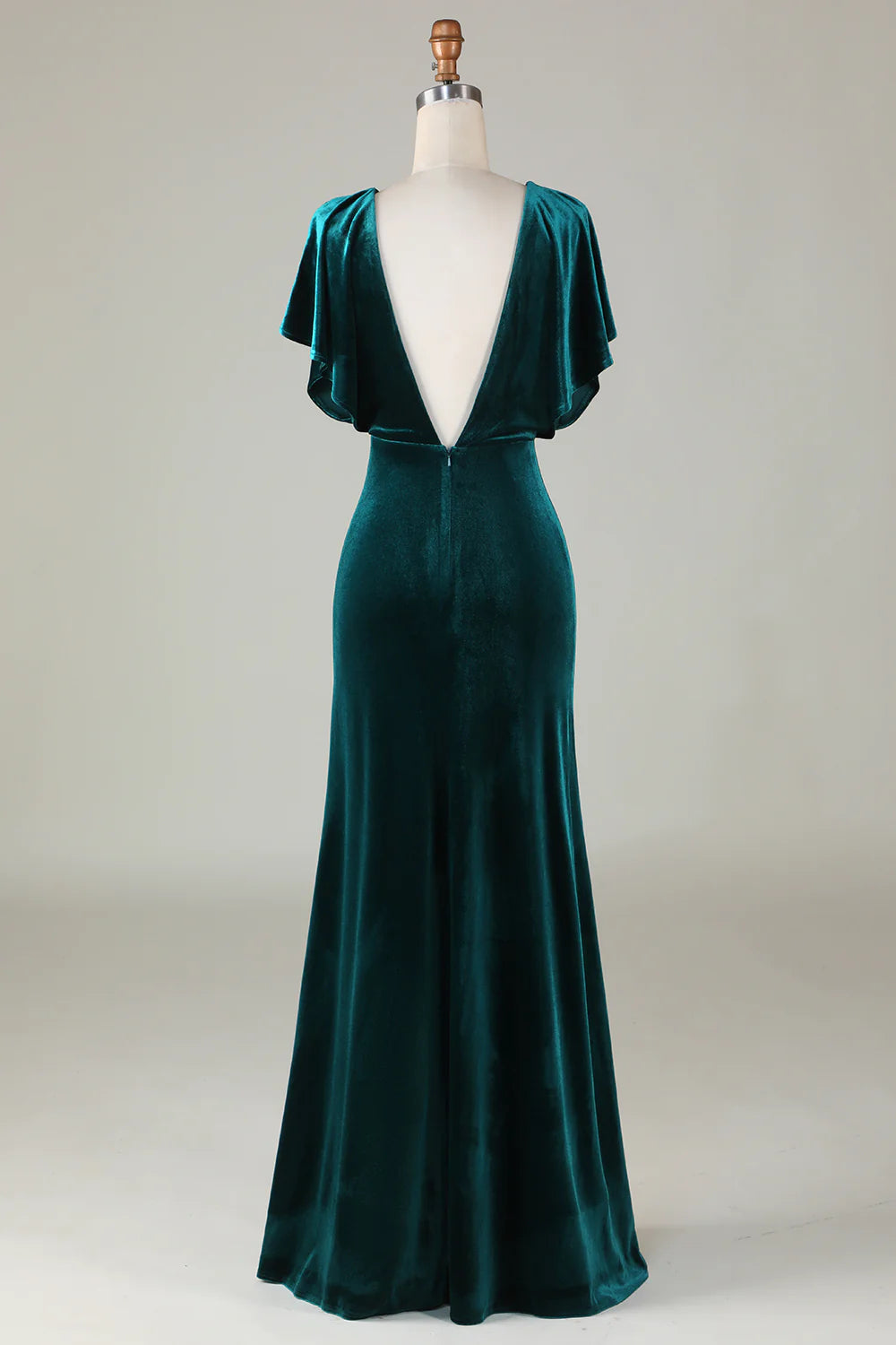 Velvet V-Neck Peacock Bridesmaid Dress with Ruffles