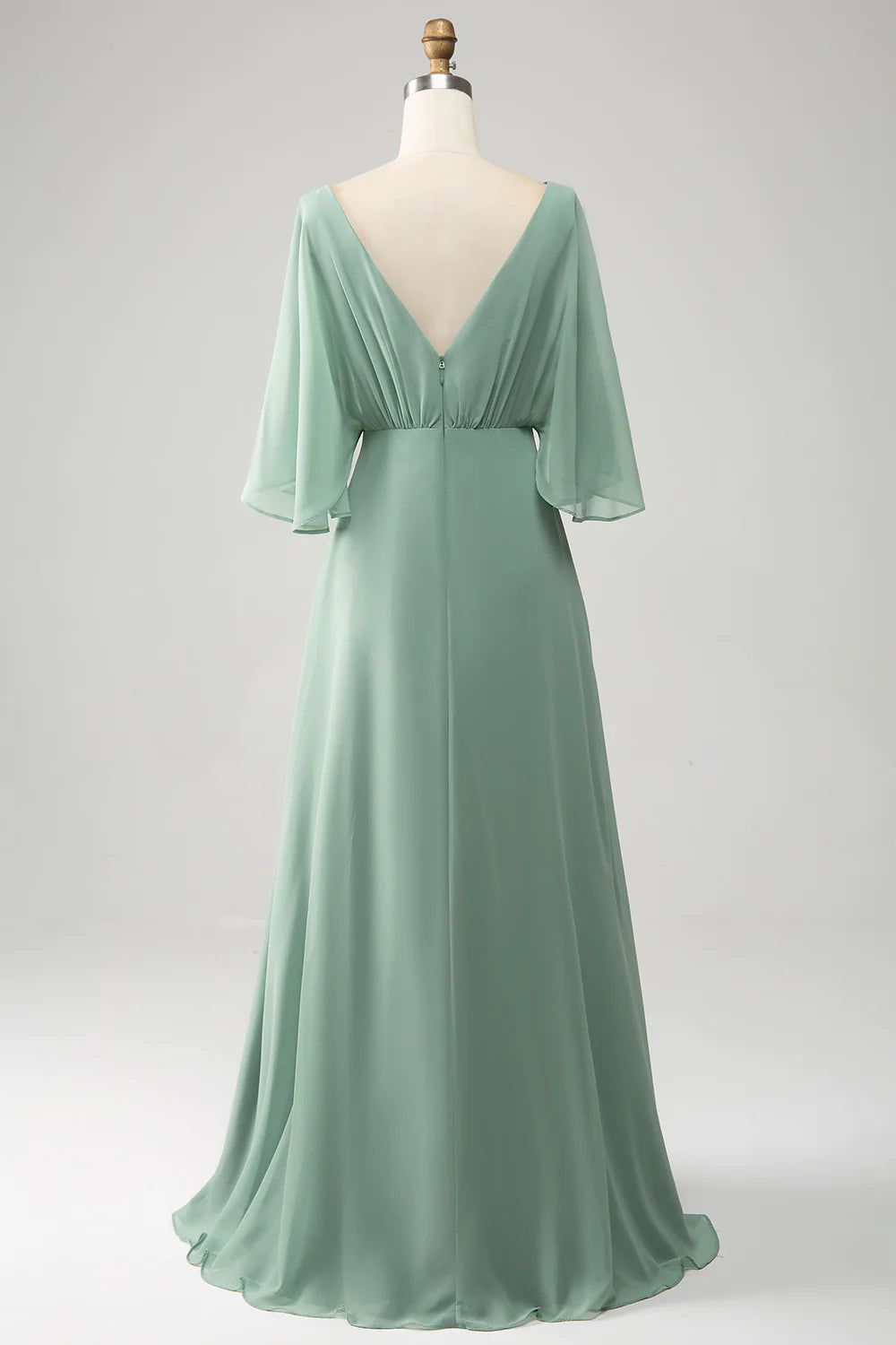 Matcha Batwing Sleeves Long Chiffon Bridesmaid Dress with Slit